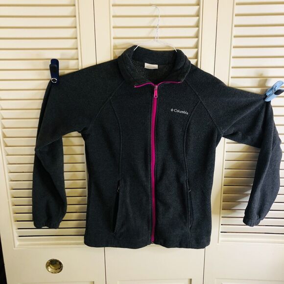 Columbia Womens Fleece Jacket Small Gray Pink Lightwieght Full Zip Cinch Waist - Picture 1 of 6